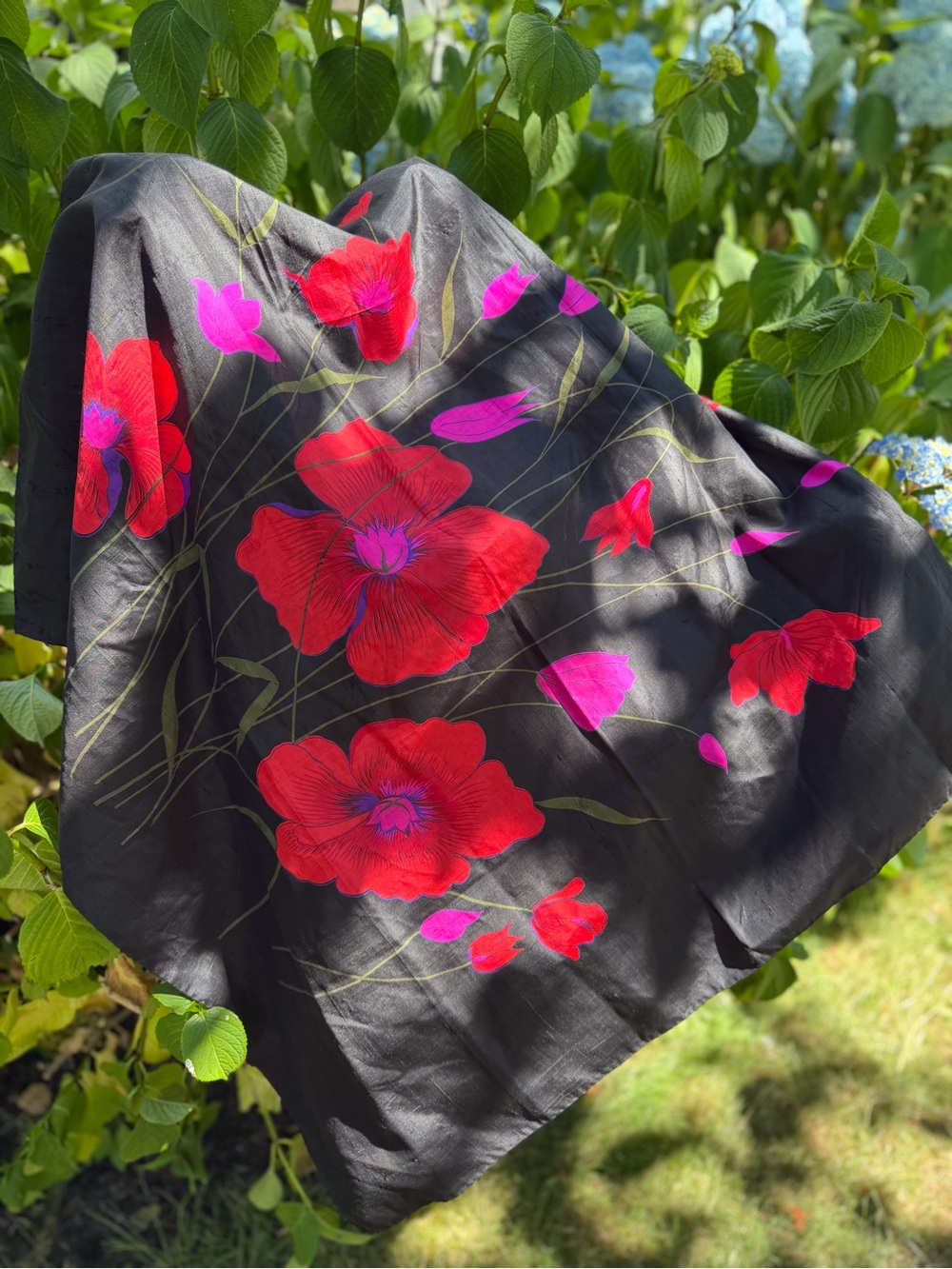 Thai Raw Silk 34” LG Vibrant Blue Floral Rolled Scarf